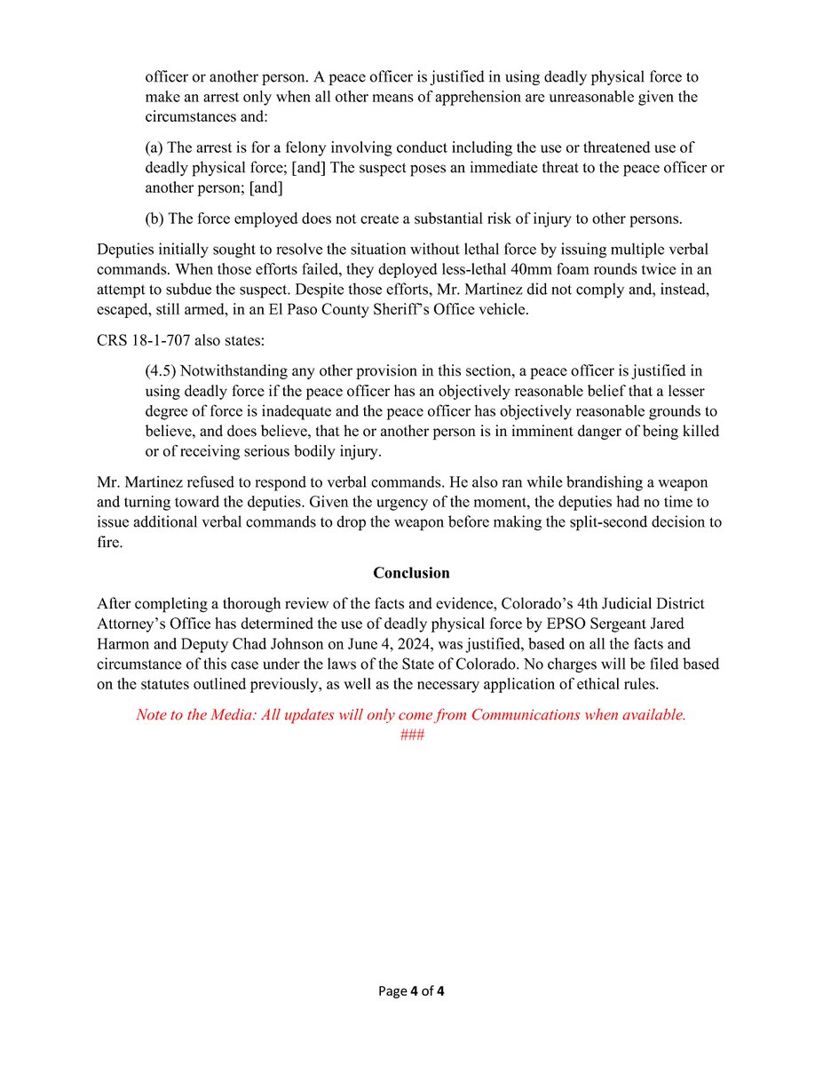 Colorado’s 4th Judicial District Attorney’s Office has completed its review of the officer-involved shooting that occurred on June 4, 2024, in Colorado Springs, Colorado.