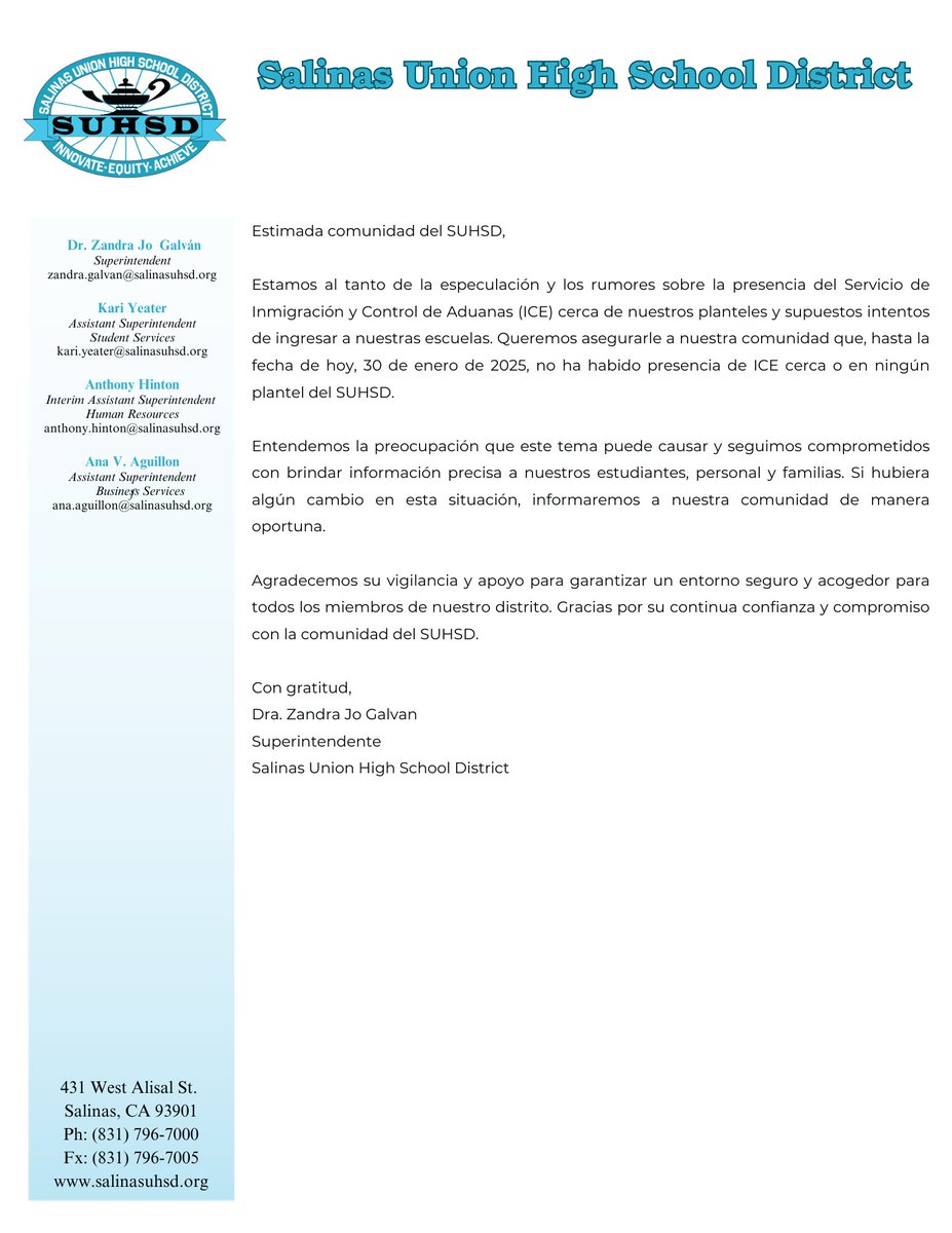Dear SUHSD Community,
We are aware of speculation and rumors regarding the presence of Immigration and Customs Enforcement (ICE) near our campuses and attempting to enter our schools. We want to assure our community that as of today, January 30, 2025, there has been no ICE