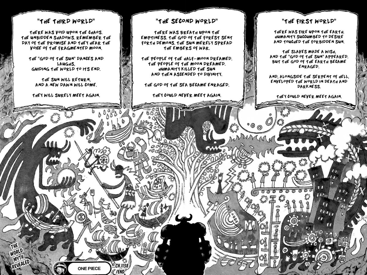 Jadi ada 3 masa dan 3 nika dengan 3 lawan. Lalu ada 3 dewa lain selain dewa matahari (nika). Terlihat ada kapal enel, kapal noah, dan zunisa. Terlihat juga semua ras bersatu bersekutu berdasama nika. Suku tontata, merfolk, raksasa, mink, samurai, ninja, lunatian, robot? laboon?