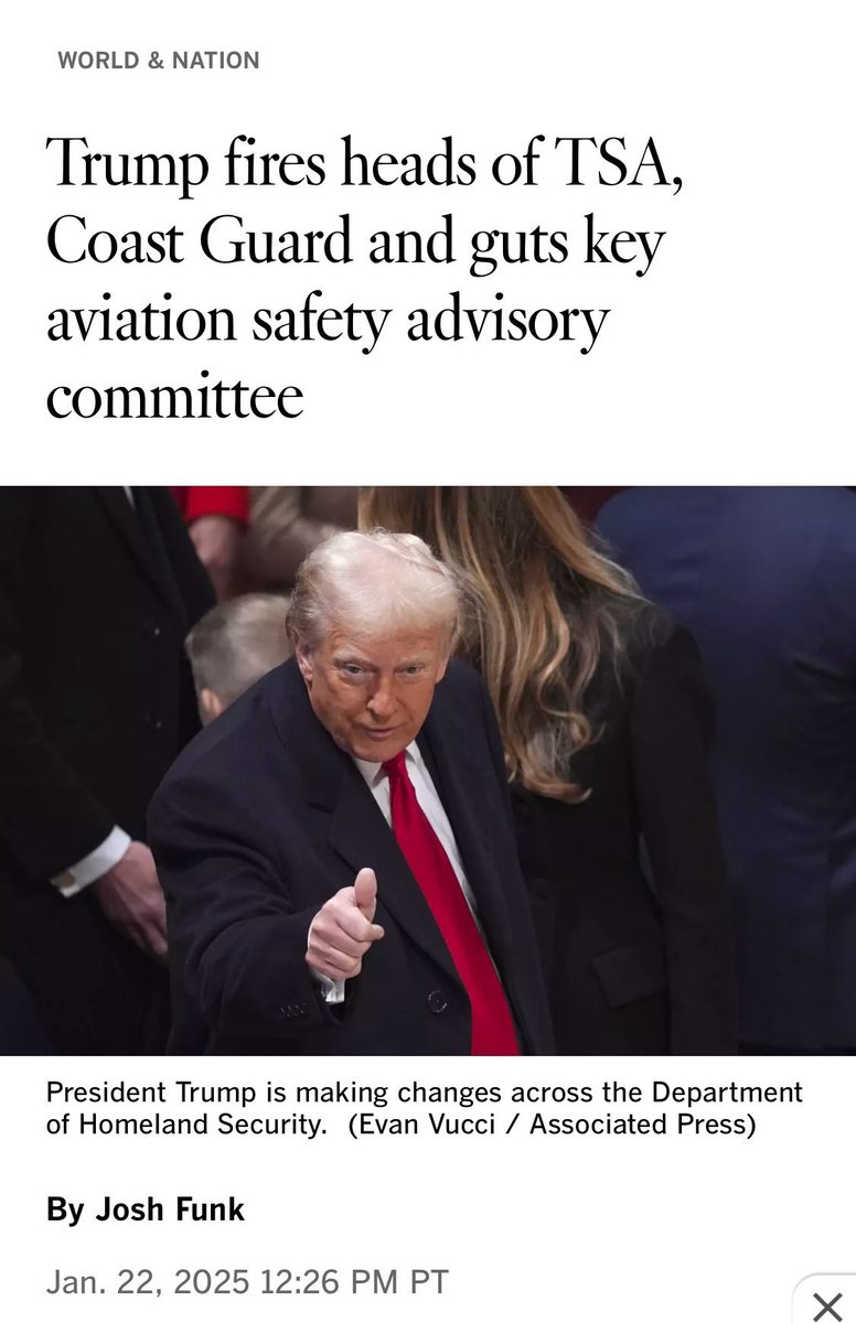 Jklu28's tweet photo. This dude

Fires key aviation safety advisory committee 

Gives government workers an ultimatum or lose their job 

This is the first airline crash in 15 or 16 years…and he blames it on DEI? 

What kind of person shifts blame, what kind of leader doesn’t look to solve the issue https://t.co/ssFBBiqG6V