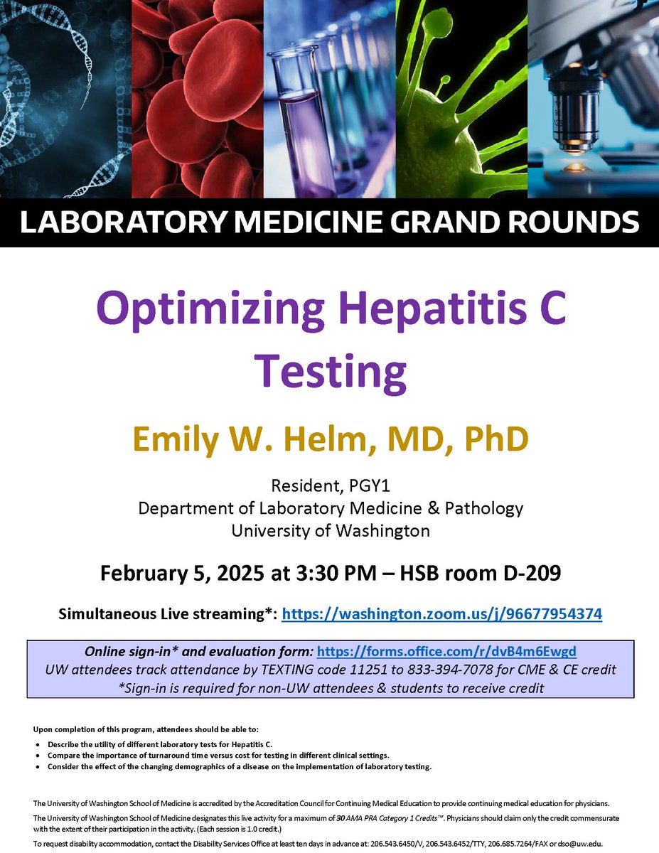 Join us for #laboratorymedicine #grandrounds "Optimizing Hepatitis C Testing" on Wed, Feb 5th at 3:30pm PT  Learn more: dlmp.uw.edu/events?trumbaE…………… #MedEd #MedX