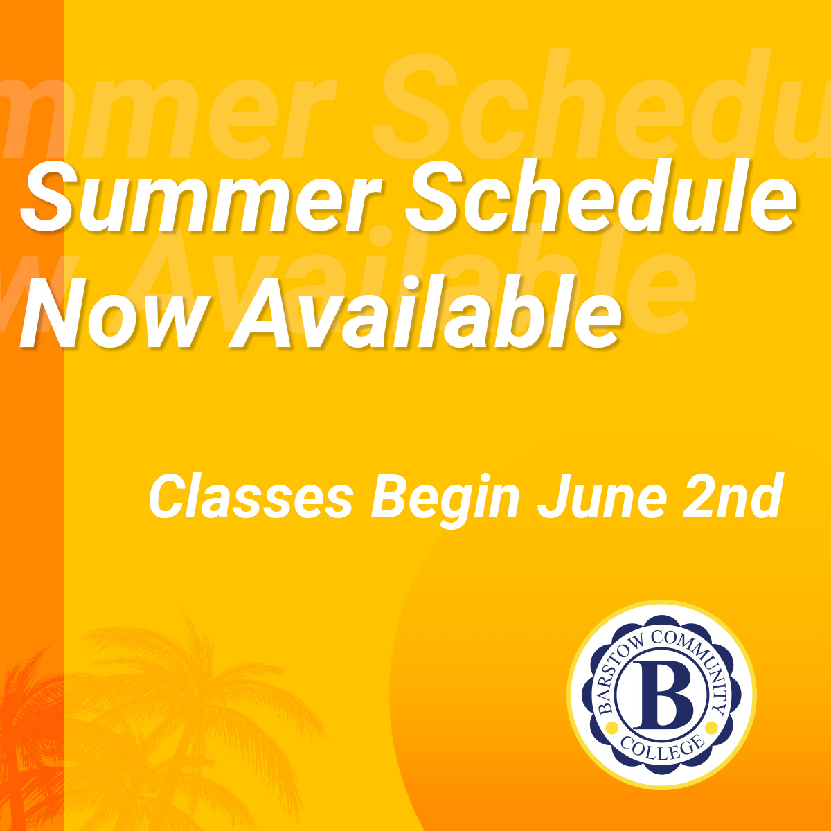 🌞📅 Dive into summer fun! Our BCC Summer Schedule is officially *live*! 🏖️✨ 
barstow.edu/academics/sche…

#BCCSummerVibes #GetOnBoard 🌊🎉