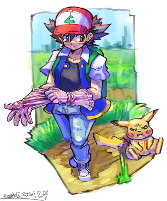 旅立ちのサトシとピカチュウ 