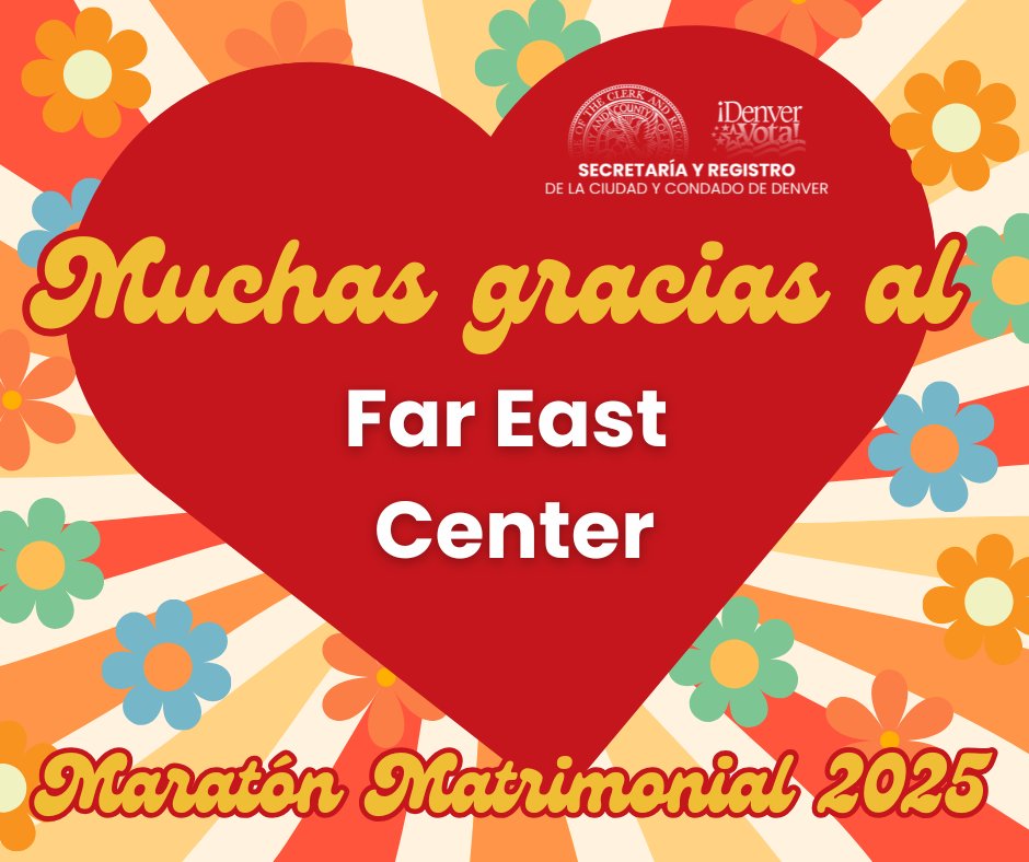 A big thank you to Denver's Far East Center for their generous in-kind donation to our 2025 Marriage Marathon! Join us at the Webb Building downtown on Valentine's Day from 10 a.m. to 3 p.m. for a no-appointment-necessary wedding ceremony. 

tinyurl.com/2p9hszcx