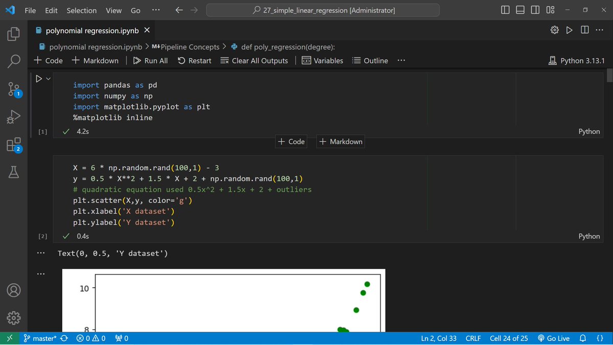 IparVishal's tweet photo. Polynomial Regression :-
It captures nonlinear relationships between independent and dependent variables.

Pipeline Concept :
This function creates a polynomial regression model with a specified degree.

Code : https://t.co/8hz4KkOxTH https://t.co/fAEldNjevE