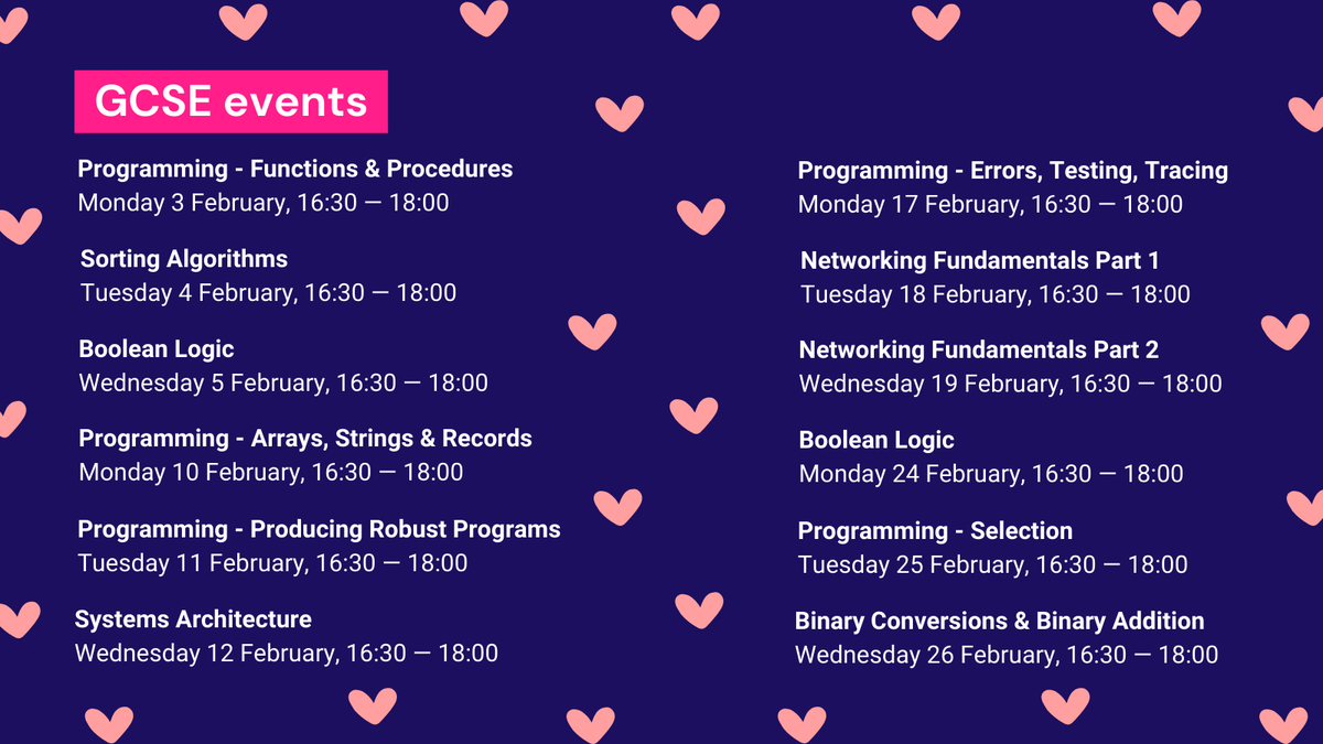 IsaacCompSci's tweet image. Fall in love with Computer Science this February! 💻💕
Whether you're tackling tricky topics or just want to boost your knowledge, we have a fantastic lineup of events events to help you out
Don’t leave your revision on read and book now! 🚀
👉 ncce.io/events