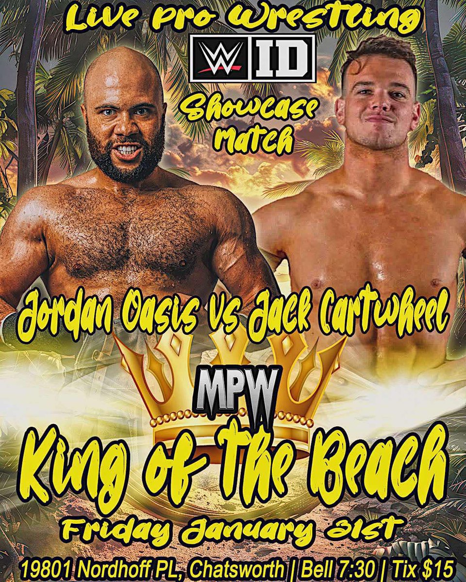 MATCH ANNOUNCEMENT....

Last weekend saw <a href="/TheJordanOasis/">Jordan Oasis 🌎</a> and <a href="/jackcartwheel/">🤸</a> wrestle under difficult circumstances.

Cartwheel won after accidentally kicking Oasis' mysterious bag.

Now both want a rematch. A WWE ID Official Match is signed for this Friday in the Los Angeles area