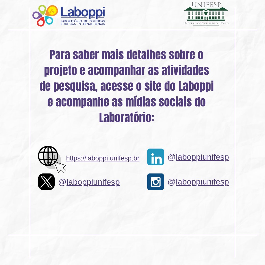 O Laboppi tem o prazer de anunciar o lançamento do projeto "Política externa, políticas públicas e cooperação Sul-Sul", que será coordenada pelo professor Osmany Porto de Oliveira.

Acesse o nosso site para saber mais sobre o projeto: laboppi.unifesp.br/pesquisa/polít… 🌎🔍📚