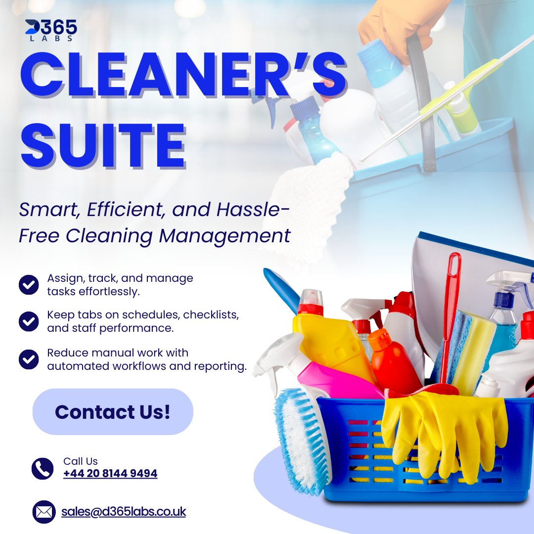 d365labs's tweet photo. Manage tasks, track performance, and streamline operations with Cleaner’s Suite. Say goodbye to manual work and hello to automation! 🚀

#CleaningManagement #SmartCleaning #WorkflowAutomation #CleaningBusiness #TaskTracking #Efficiency #CleanerSuite #D365Labs #CleaningIndustry https://t.co/1AbFdyTEtG