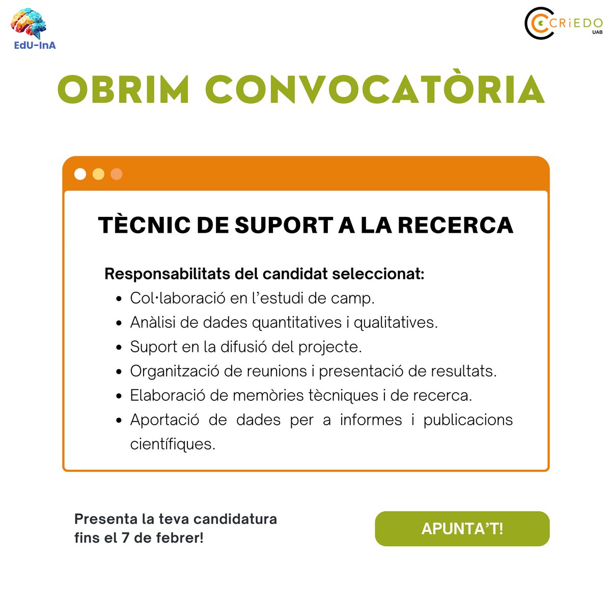 📌 Consulta la convocatòria completa aquí: tauler.seu.cat/pagDetall.do?i…

#CRiEDO #EdUInA #IA #OfertaLaboral #recerca #tècnic #TècnicDeSuport #universitat
