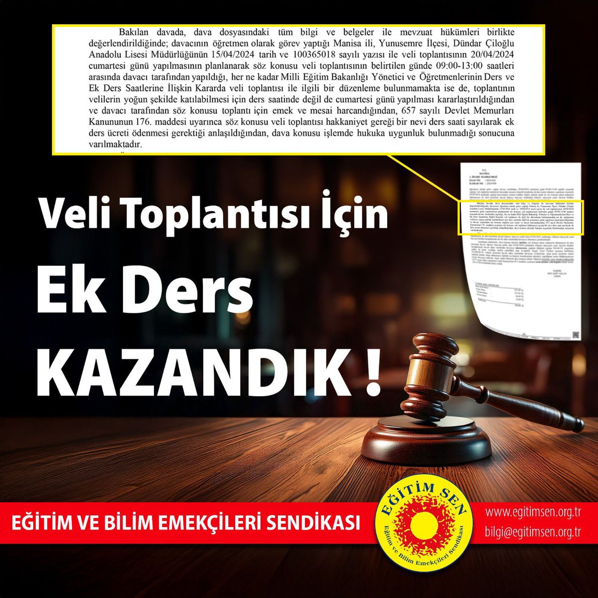 🔴Mesai saatleri dışında yapılan veli toplantıları için ücret ödenmesi talebiyle açtığımız davayı kazandık.

❗️Eğitim emekçilerine dönük angaryanın son bulması için mücadelemiz kararlılıkla sürecek.