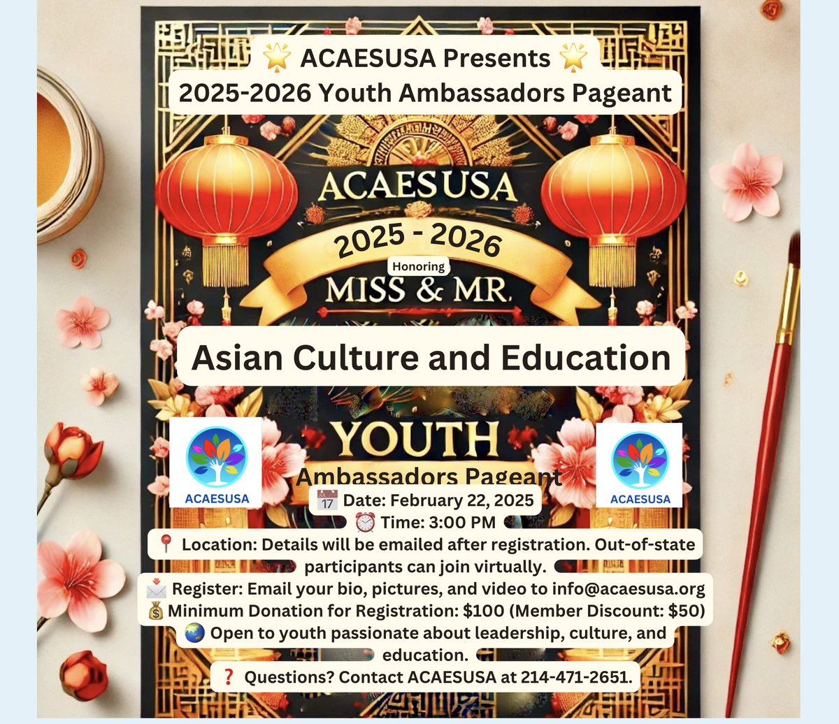 ACAESUSA's tweet photo. ACAESUSA Presents 2025-2026 Youth Ambassadors #Pageant: Honoring Miss &amp; Mr. #AsianCulture and Education. Showcase your talent, confidence, and cultural pride! Open to #Youth  passionate about #leadership, #culture, and #education. https://t.co/7n8Q9ThTvu