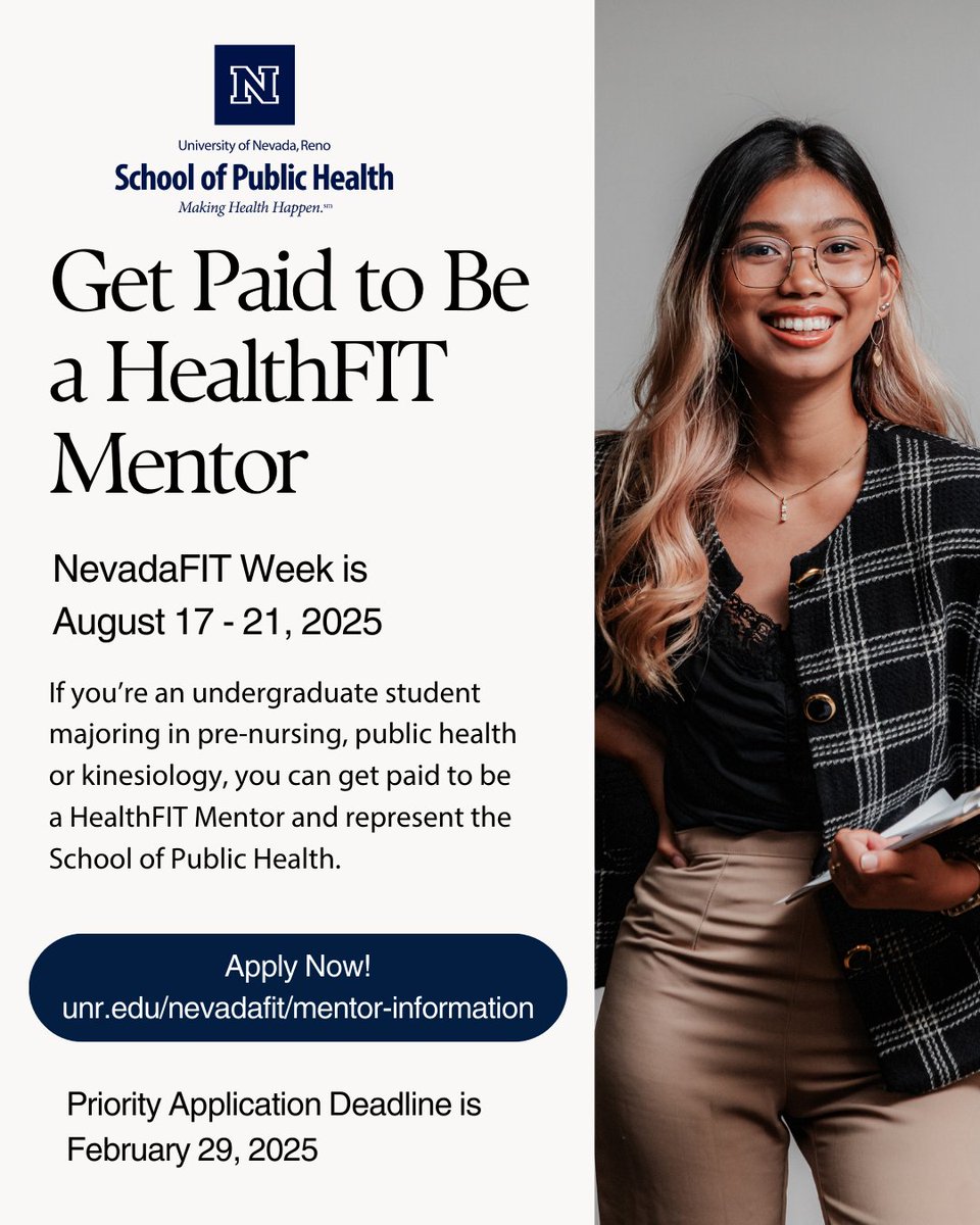If you’re an undergraduate student majoring in pre-nursing, public health or kinesiology, you can get paid to be a HealthFIT Mentor and represent the School of Public Health! Apply today at unr.edu/nevadafit/ment…. #GoPack