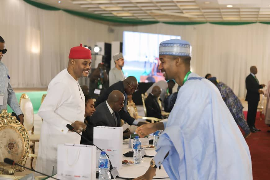 The Managing Director/CEO OGFZA, Bamanga Usman Jada  exchanging pleasantries with Hon. Min. of Innovation, Science, and Technology, Chief Uche Geoffrey Nnaji during the 2nd Foreign Direct Investors Round-Table
at Banquet Hall, Presidential Villa, Abuja on January 29, 2025