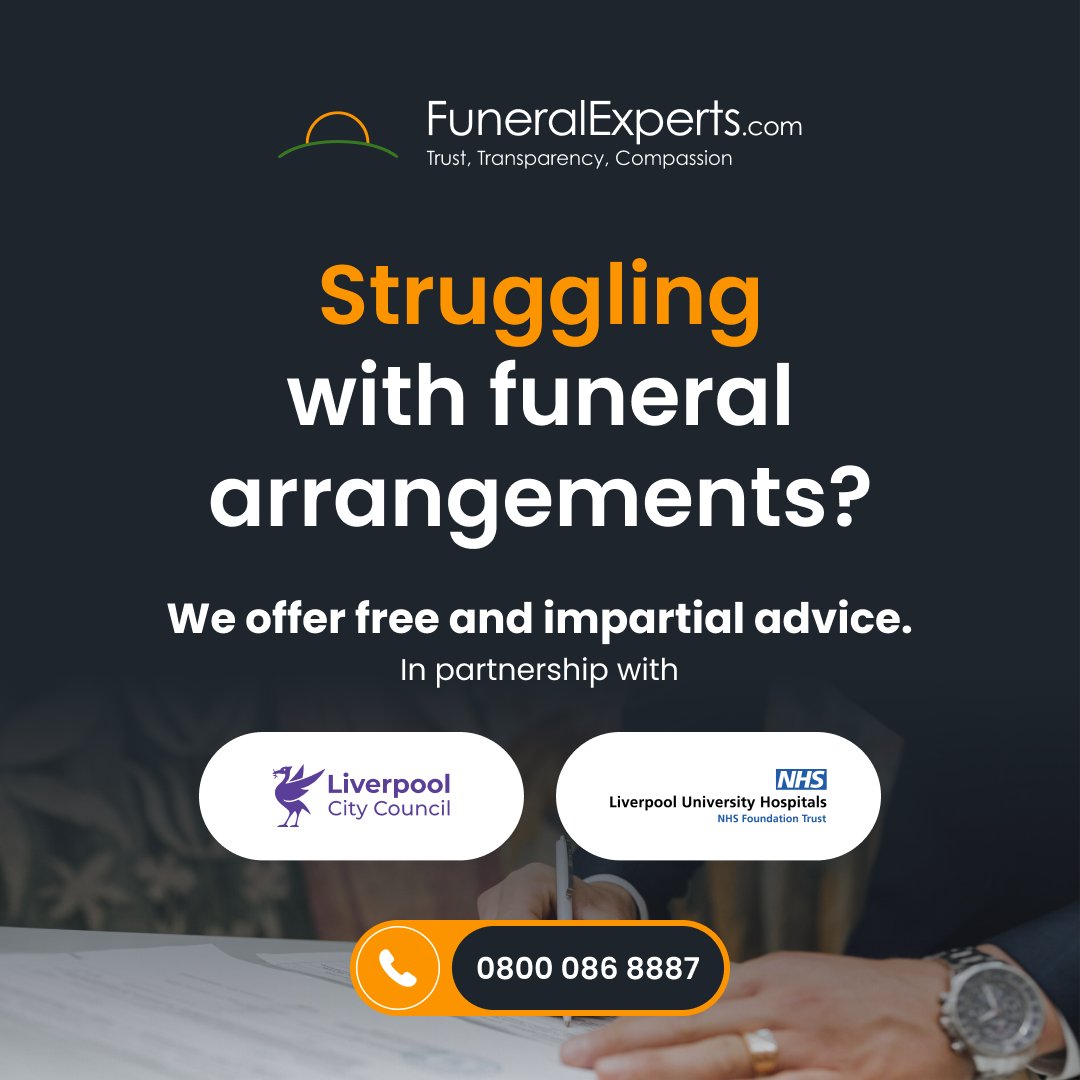 Navigating funeral options? We provide free information to help families make informed choices, in partnership with Liverpool County Council and the NHS. Call us at 0800 086 8887. funeralexperts.com #FuneralCare #TransparentSupport