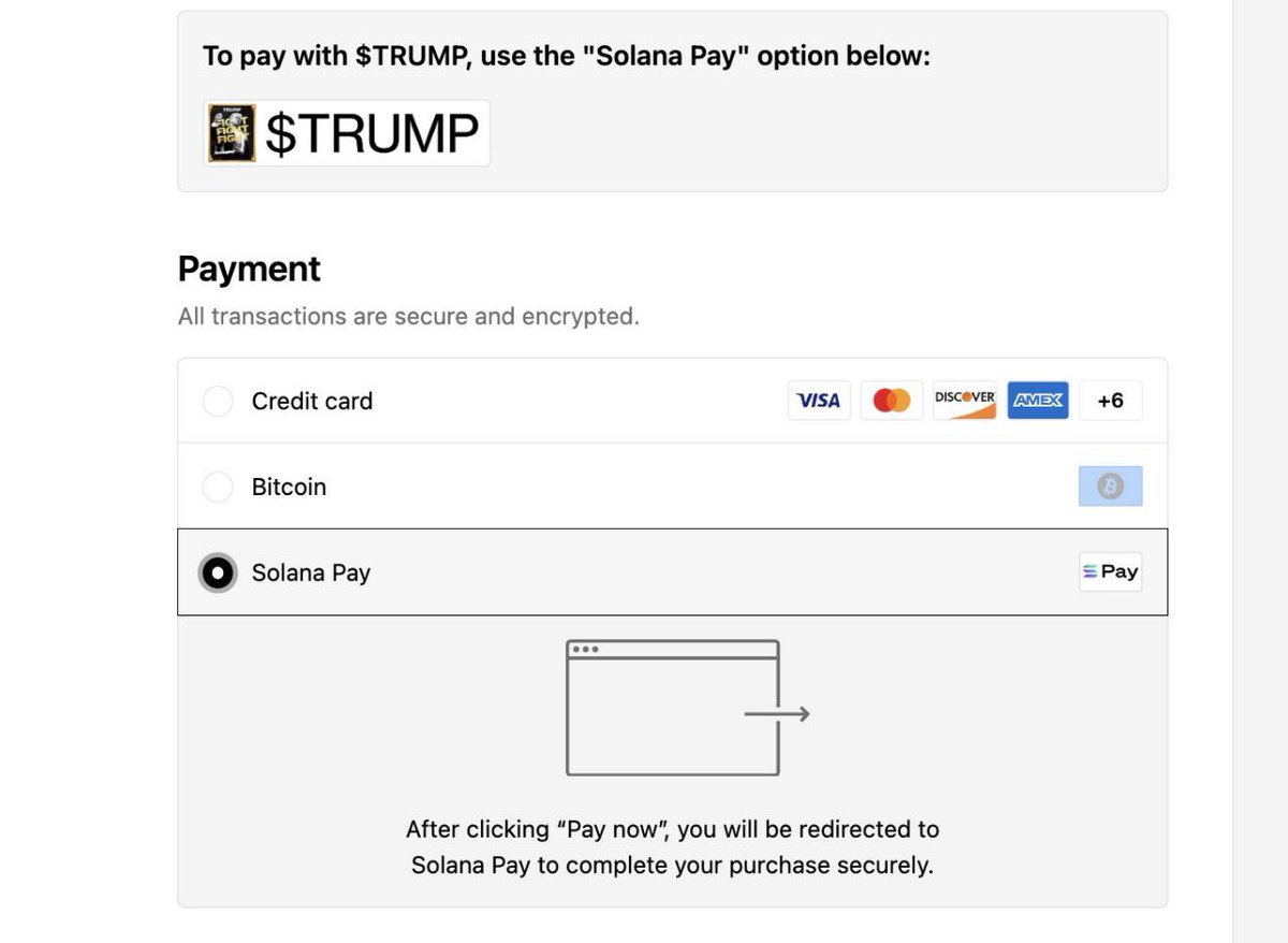 😄 Several websites selling Donald Trump branded merchandise have opened the acceptance of TRUMP tokens via Solana Pay