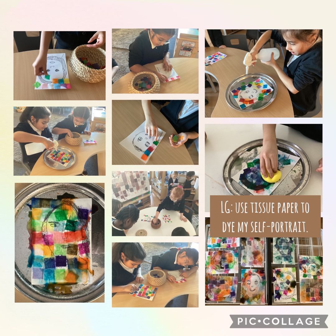🟦🟪🟧🟨🟩 Year 3 loved exploring  how tissue paper can be used to dye paper. 
We have used it to show 'our true colours' over our self-portraits 💫
