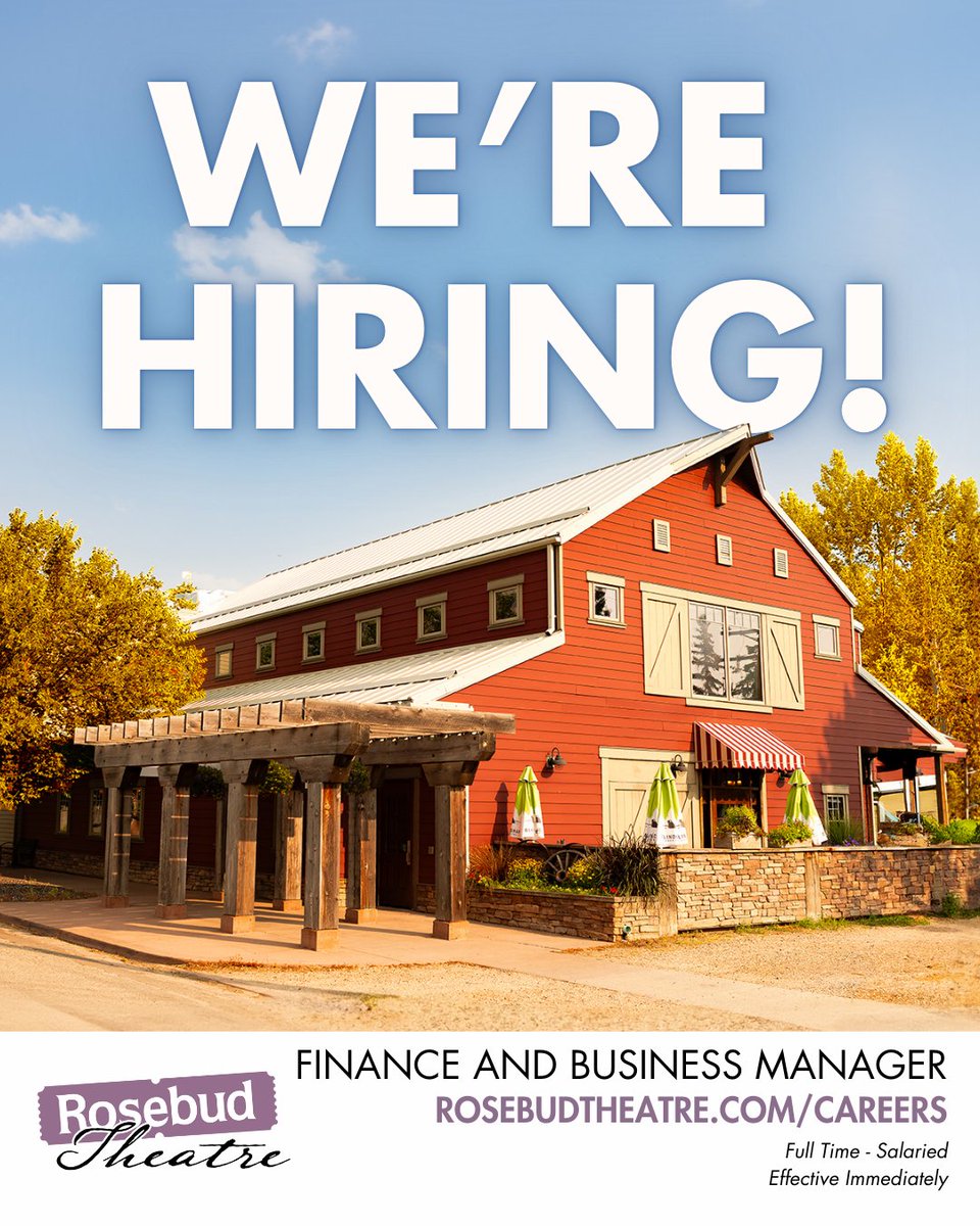 We're hiring! Apply for the position of Finance and Business Manger by visiting RosebudTheatre.com/careers.

#Hiring #FinanceJobs #ArtsJobs #RosebudTheatre #RosebudSchoolOfTheArts