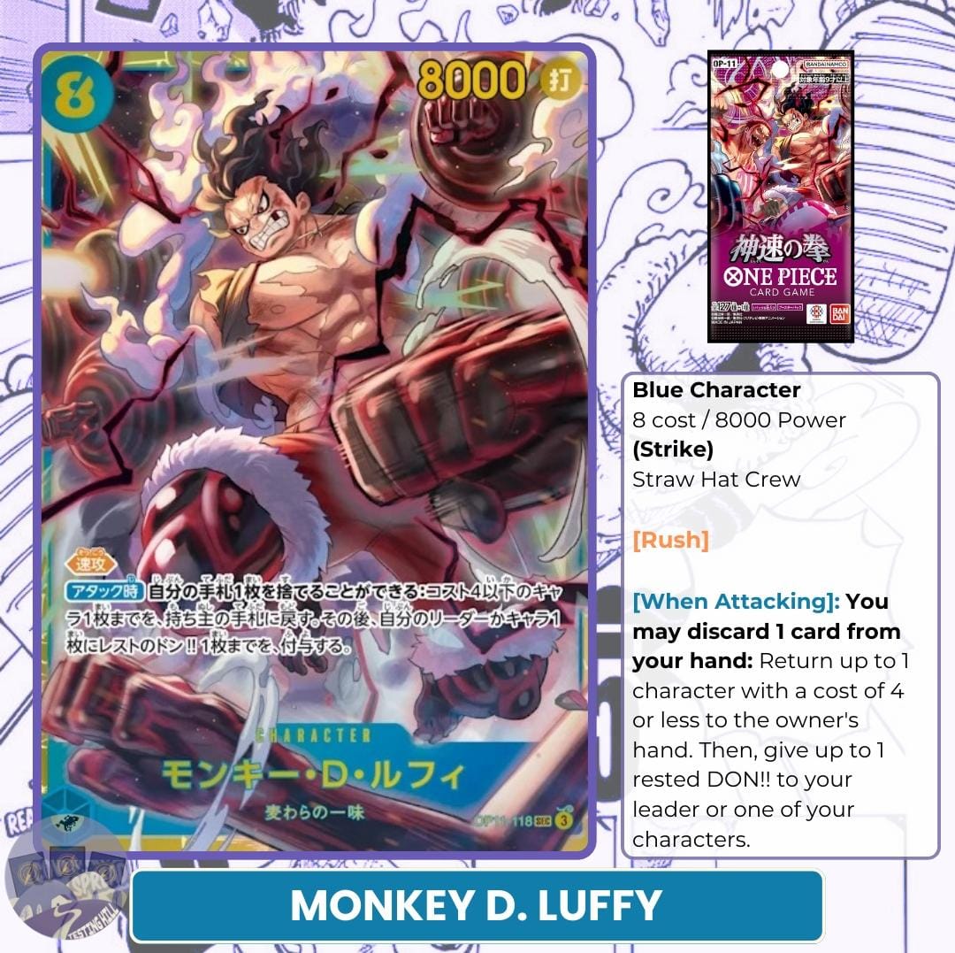 Ciao pirates 🏴‍☠️💜
The new Monkey D. Luffy SEC from op11 has been announced! 💙🐍
Which Leader will benefit more from this card in your opinion? 👀‼️
#ONEPIECE #onepiececardgame
#Luffy