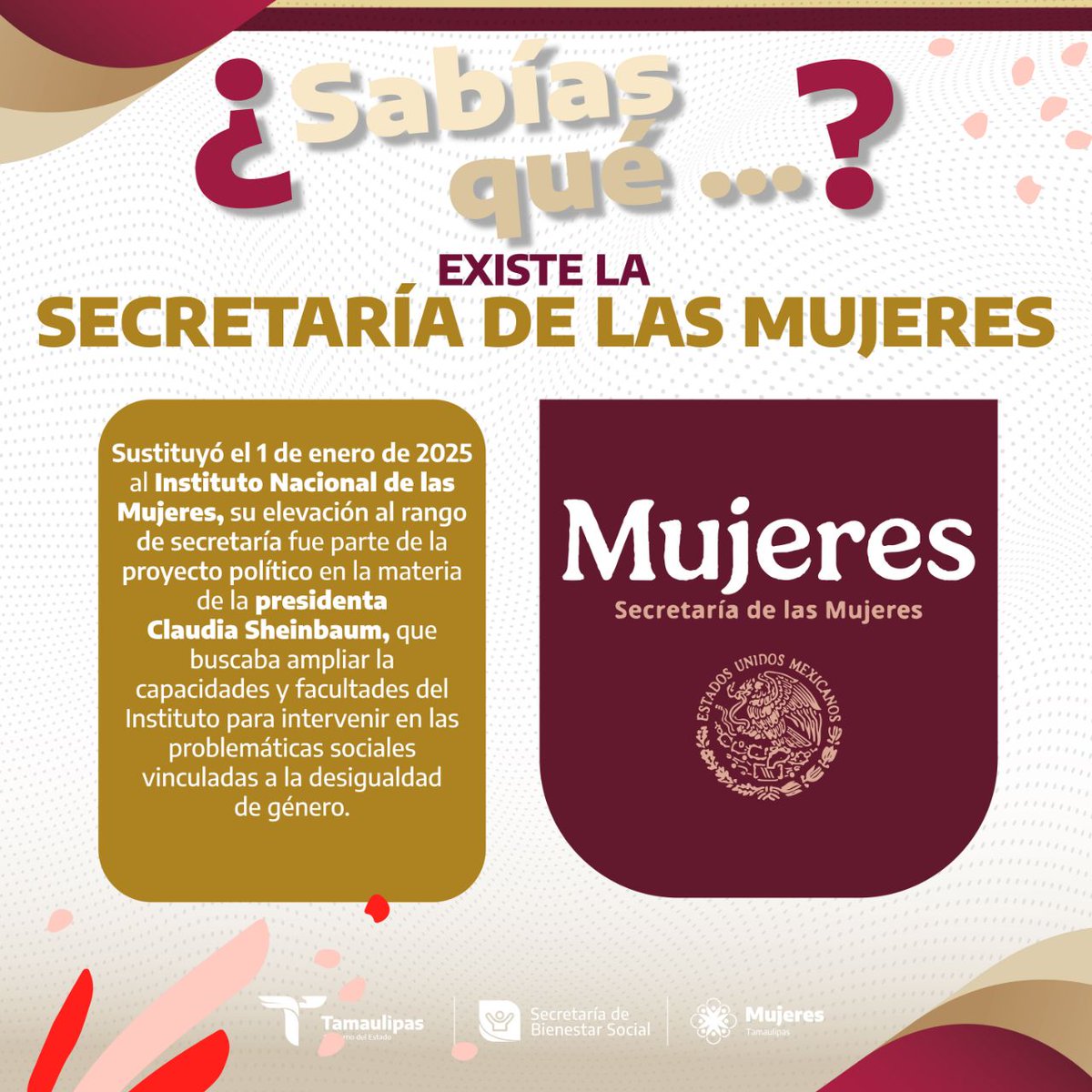 imtamaulipeca's tweet photo. Sabías que en México ya existe una Secretaría de las Mujeres, es una de las políticas públicas de nuestra presidenta Claudia Sheinbaum, misma que brinda el nombramiento a Citlalli Hernández como la primera Secretaria de las Mujeres.
#BienestarParaTodasYTodos
#transformación https://t.co/1VI0lUF1qc