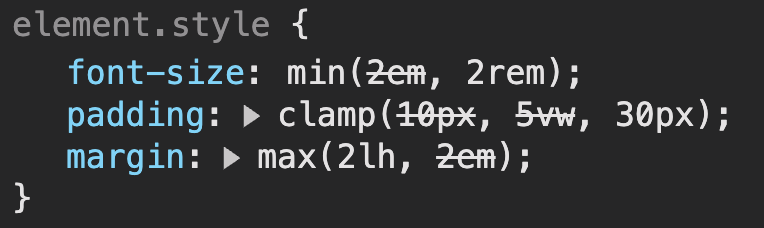 argyleink's tweet photo. You can now see which value is the active value in min(), max() and clamp()

- in Canary DevTools today
- coming to Chrome stable soon! https://t.co/MbdmSjJFuW
