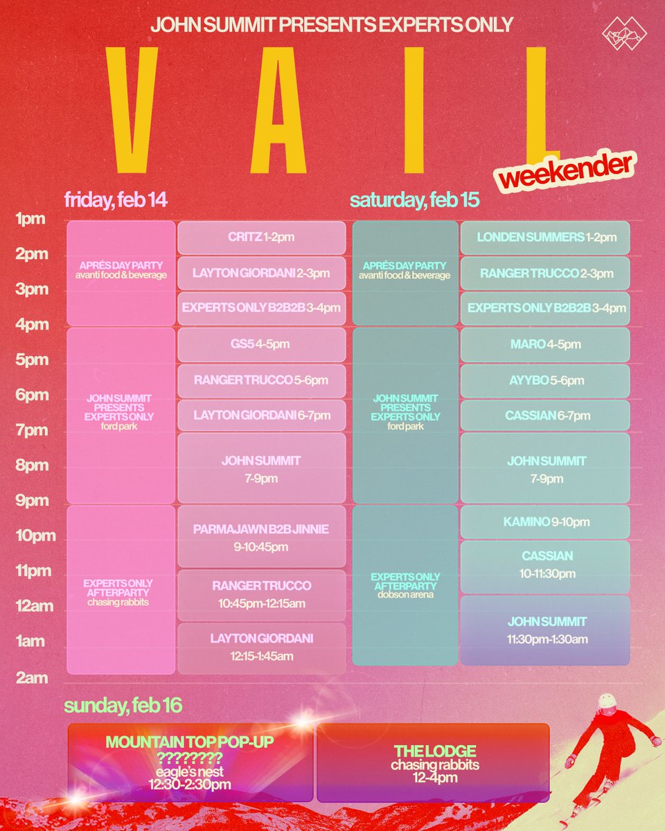 Global Dance Events (@globaldanceus) on Twitter photo 🚨 FULL SCHEDULE ANNOUNCED 🚨
<a href="/expertsonly/">Experts Only</a> weekender in Vail is about to be a bender in true <a href="/johnsummit/">John Summit</a> fashion 😎 Check out the full schedule for February 14th, 15th & 16th here!
Lock in your day 1 after party tickets at link in bio 🎿 bit.ly/ExpertsOnlyAft… 🚨 FULL SCHEDULE ANNOUNCED 🚨
<a href="/expertsonly/">Experts Only</a> weekender in Vail is about to be a bender in true <a href="/johnsummit/">John Summit</a> fashion 😎 Check out the full schedule for February 14th, 15th & 16th here!
Lock in your day 1 after party tickets at link in bio 🎿 bit.ly/ExpertsOnlyAft…