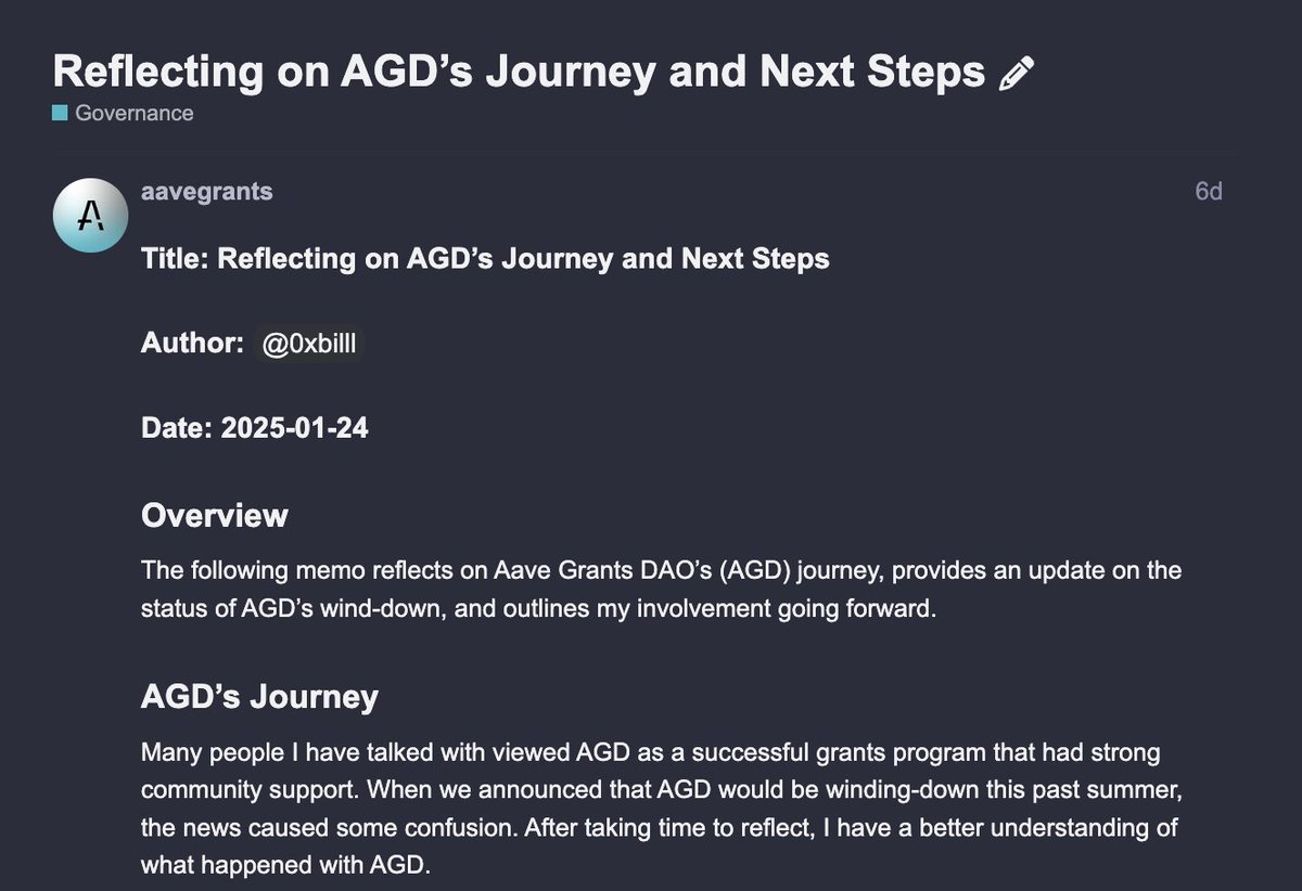 Bill 🦆 (@0xbilll) on Twitter photo News from the governance forum: <a href="/AaveGrants/">Aave Grants</a> is winding down.
I want to thank everybody who supported AGD, all the grantees who made the ecosystem better and all the people I met along the way.
AGD showed me how powerful grants can be. It also gave me a front row seat to the News from the governance forum: <a href="/AaveGrants/">Aave Grants</a> is winding down.
I want to thank everybody who supported AGD, all the grantees who made the ecosystem better and all the people I met along the way.
AGD showed me how powerful grants can be. It also gave me a front row seat to the