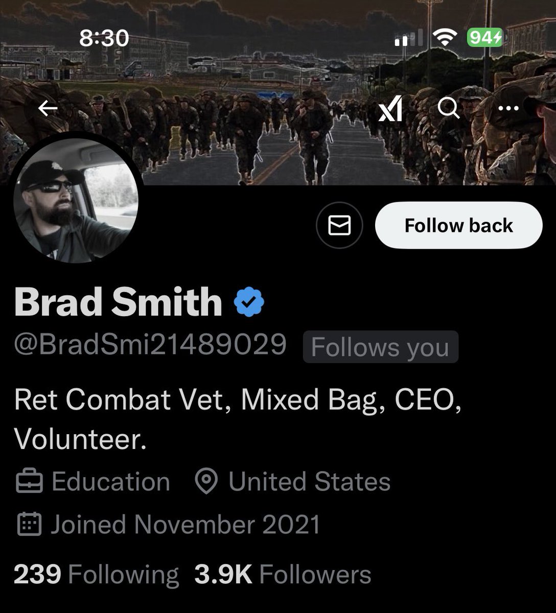 Conservative Cat (@lynnhall268) on Twitter photo Please give <a href="/BradSmi21489029/">Brad Smith</a> a follow and a repost or shoutout to show our appreciation for his service.
Retired Combat Veteran
Thank you for your service. We appreciate you. Please give <a href="/BradSmi21489029/">Brad Smith</a> a follow and a repost or shoutout to show our appreciation for his service.
Retired Combat Veteran
Thank you for your service. We appreciate you.