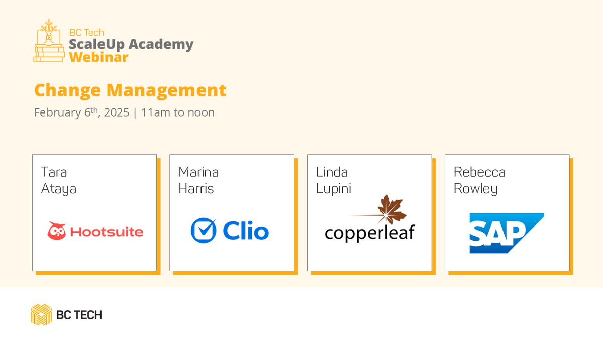 wearebctech's tweet image. 🗓️ Join us at the upcoming #ScaleupAcademy webinar on Change Management!

📅 Feb 6, 2025 | 11am-12pm (Online)

Speakers: Tara Ataya (@hootsuite),  Marina Harris (@goclio),  Linda Lupini (#Copperleaf), Rebecca Rowley (@SAP) 
Register now! lnkd.in/gy-RvpMk