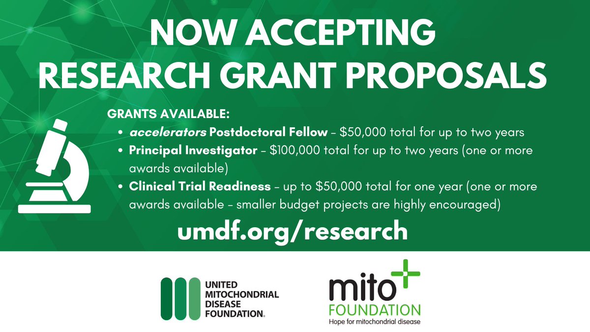 UMDF's tweet image. The 2025 Research Grant Cycle is NOW OPEN! Please prepare and submit applications by February 28, 2025 at 17:00 EST at umdf.org/research
@AusMito  

#mitoresearch #mitochondrialdisease #mitochondria @mitowomen