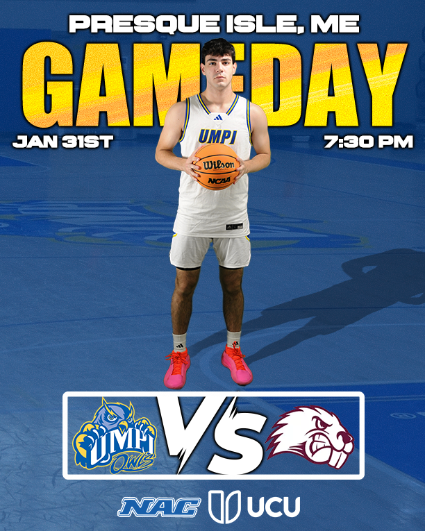 UMPIOwls (@umpiathletics) on Twitter photo GAMEDAY
UMPI Men's Basketball faces off against <a href="/UMFathletics/">UMF Athletics</a> in a <a href="/nacathletics/">North Atlantic Conference (NAC)</a> game located in Presque Isle, Maine.
Tip Off in the Wieden Gym starts at 7:30 PM
For Live Video or Live Stats, check out our website: owls.umpi.edu
#umpiowls GAMEDAY
UMPI Men's Basketball faces off against <a href="/UMFathletics/">UMF Athletics</a> in a <a href="/nacathletics/">North Atlantic Conference (NAC)</a> game located in Presque Isle, Maine.
Tip Off in the Wieden Gym starts at 7:30 PM
For Live Video or Live Stats, check out our website: owls.umpi.edu
#umpiowls