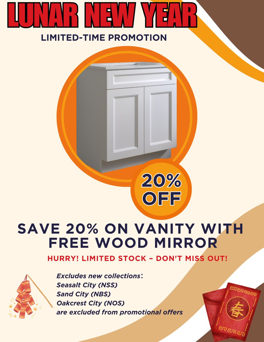 ✨ LUNAR NEW YEAR SALE ✨
🎉 LIMITED-TIME PROMOTION 🎉

🔥 OFFER:
✅ SAVE 20% ON VANITY CABINETS + FREE Wood Mirror.

⏳ HURRY! LIMITED STOCK – DON’T MISS OUT!