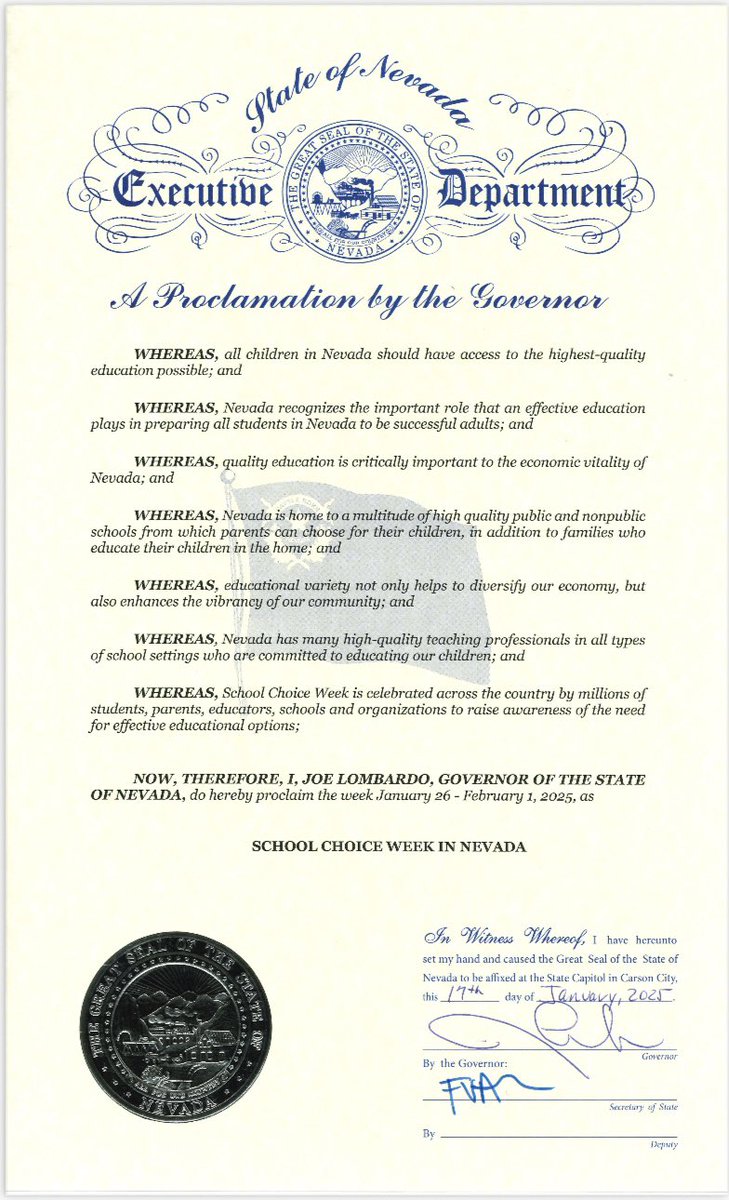 I was honored to proclaim this week as School Choice Week in Nevada! 

Every student deserves a voice — and choice — in their education. 

My administration will continue to fight for choice for students and families every single day.