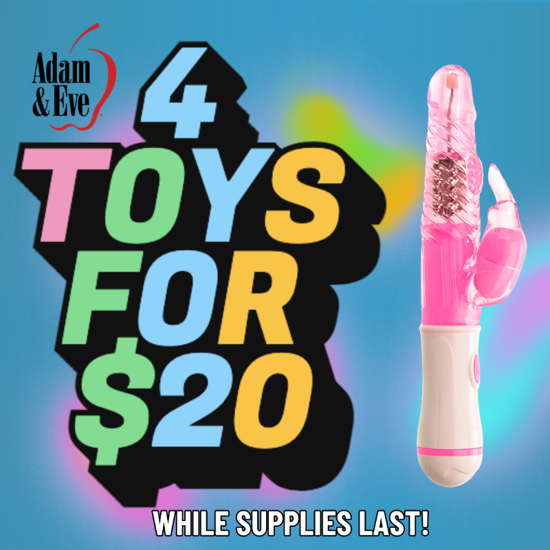 adamandeve's tweet photo. Pick any 4 sex toys for $20! New items just added!  This is absolutely the best deal we have ever offered!  Visit Adam &amp; Eve today! *while supplies last*