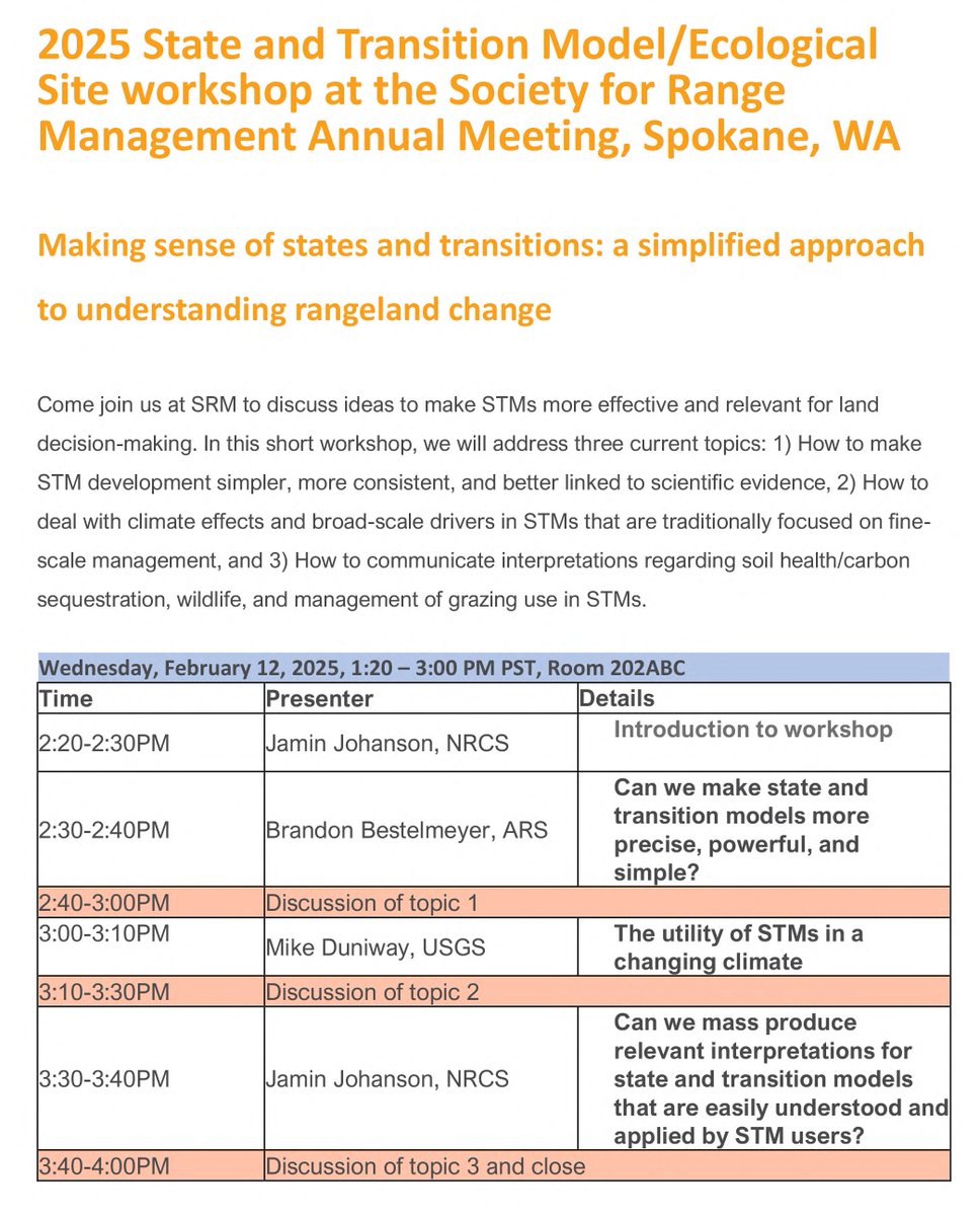 Brandon Bestelmeyer (@bbestelm) on Twitter photo For those at the Society for Range Management meeting in Spokane, we will be have a short workshop on state-and-transition models/ecological sites in #rangelands , Wednesday February 12 at 1:20PM. Come join us!
<a href="/TheJornada/">The Jornada</a> <a href="/NCSS1899/">NCSS National Cooperative Soil Survey</a> For those at the Society for Range Management meeting in Spokane, we will be have a short workshop on state-and-transition models/ecological sites in #rangelands , Wednesday February 12 at 1:20PM. Come join us!
<a href="/TheJornada/">The Jornada</a> <a href="/NCSS1899/">NCSS National Cooperative Soil Survey</a>