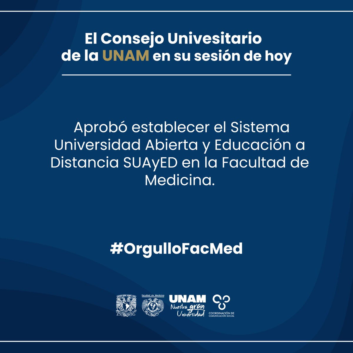 #BoletínUNAM 🚨
El #ConsejoUniversitarioUNAM aprobó la creación de la especialización en Trasplante Renal, así como establecer el Sistema Universidad Abierta y Educación a Distancia SUAyED en la #FacMed 🙌