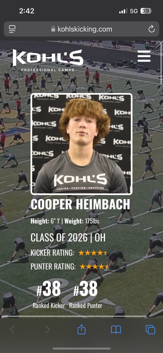 Coop Heimbach “4.5 ⭐️” (@cooperheimbach) on Twitter photo All the glory goes to the most high. After solid Kohls UCC showing, blessed to be 3️⃣8️⃣ Ranked kicker AND punter. <a href="/CoachTonyGibson/">Tony Gibson</a> <a href="/CoachTThompson/">Tony Thompson</a> <a href="/CoachGregNosal/">Greg Nosal</a> <a href="/BurgFball/">Wheelersburg Football</a> <a href="/CoachDerekDay/">Derek Day</a> <a href="/CoachKHennessey/">Kevin Hennessey</a> All the glory goes to the most high. After solid Kohls UCC showing, blessed to be 3️⃣8️⃣ Ranked kicker AND punter. <a href="/CoachTonyGibson/">Tony Gibson</a> <a href="/CoachTThompson/">Tony Thompson</a> <a href="/CoachGregNosal/">Greg Nosal</a> <a href="/BurgFball/">Wheelersburg Football</a> <a href="/CoachDerekDay/">Derek Day</a> <a href="/CoachKHennessey/">Kevin Hennessey</a>