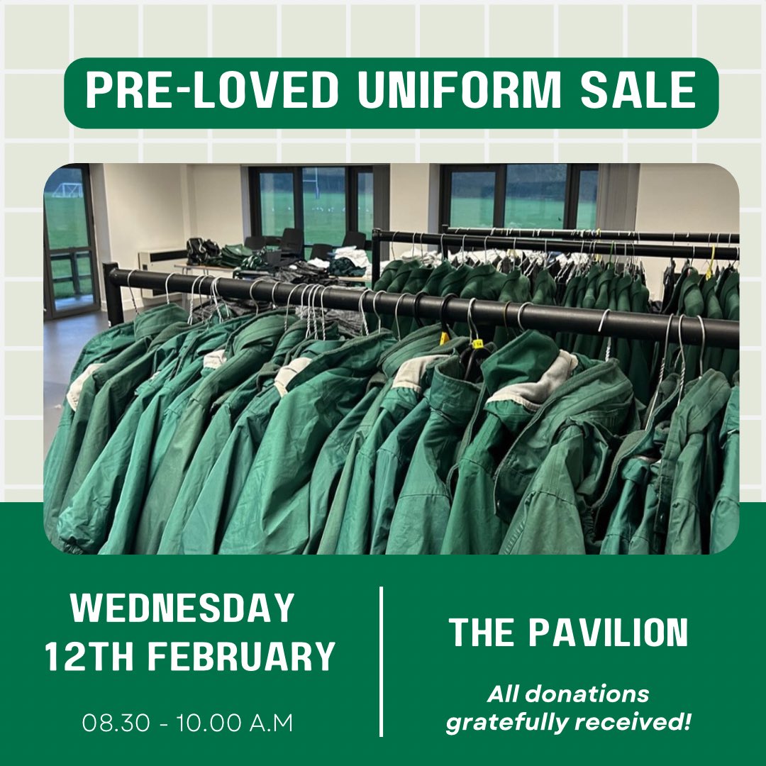 Save the date!

Our next pre-loved uniform sale is at The Pavilion on Wednesday 12th February from 0830 - 10.00. 

Please do donate any outgrown uniform to either <a href="/Grange_Cheshire/">The Grange School</a> school office before then to help us make the event a great success 💚