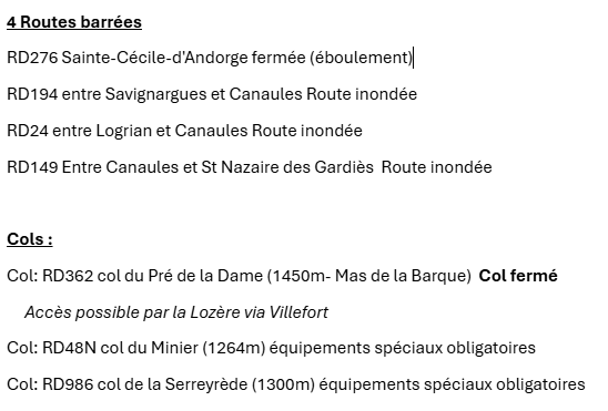 #Gard #Inondations #PluieInondation #Pluie #Cevennes #Ponts  Jeudi 30/01 20h:30   
-RD906 le pont de #Chamborigaud fermé jusque vend matin 09h. 
 -14 #PontsSubmersibles fermés  
-4 routes fermées  -Mas de la Barque #Neige FERME (déviation Villefort) Suivre inforoute.gard.fr
