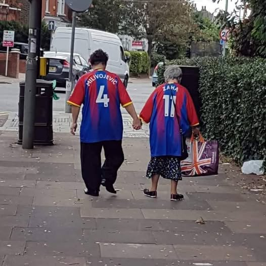 Bellissima questa immagine. Madre anziana porta il figlio disabile a vedere il Crystal Palace. Le cose belle del calcio.