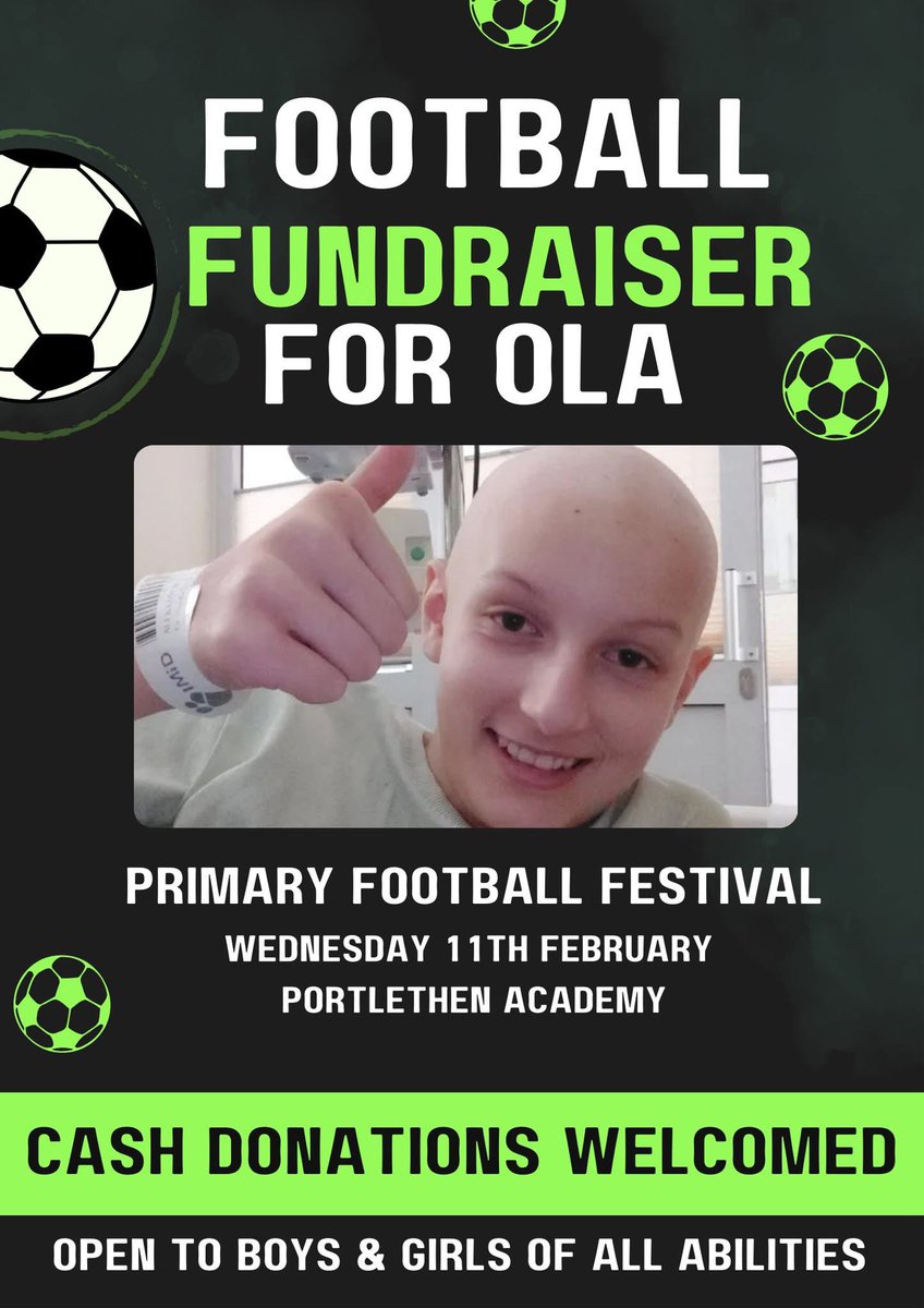 Active Schools, on behalf of the Portlethen Academy Community, are hosting a Football Festival to raise funds in support of Ola Janicka, a Portlethen Academy pupil undergoing cancer treatment.

Full details and registration: shorturl.at/IkVYT 

<a href="/PortyAcad/">PortlethenAcademy</a>