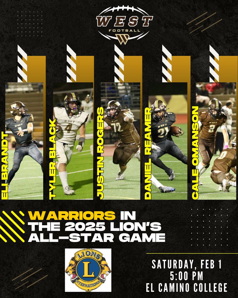 Come out and support these 2025 Warrior Seniors, as well as the West High Football coaching staff as they participate in the Annual Lions All-Star game! Kickoff is this Saturday night at 5:00pm. Warrior Pride! Blue Squad 2025!