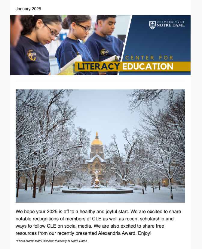 Notre Dame Center for Literacy Education (@cleatnd) on Twitter photo See what's happening at CLE in our January newsletter - congratulations to Dr. <a href="/ernestmorrell/">Ernest Morrell</a>, the Alexandria Award, Dr. Robert LeBlanc (featured fellow) and recent pubs! Please feel free to subscribe ~ mailchi.mp/nd/cle-may-202… <a href="/ieiatnd/">IEIatND</a> <a href="/ACEatND/">ACE at ND</a> <a href="/kate_anna/">Kate Seltzer</a> See what's happening at CLE in our January newsletter - congratulations to Dr. <a href="/ernestmorrell/">Ernest Morrell</a>, the Alexandria Award, Dr. Robert LeBlanc (featured fellow) and recent pubs! Please feel free to subscribe ~ mailchi.mp/nd/cle-may-202… <a href="/ieiatnd/">IEIatND</a> <a href="/ACEatND/">ACE at ND</a> <a href="/kate_anna/">Kate Seltzer</a>