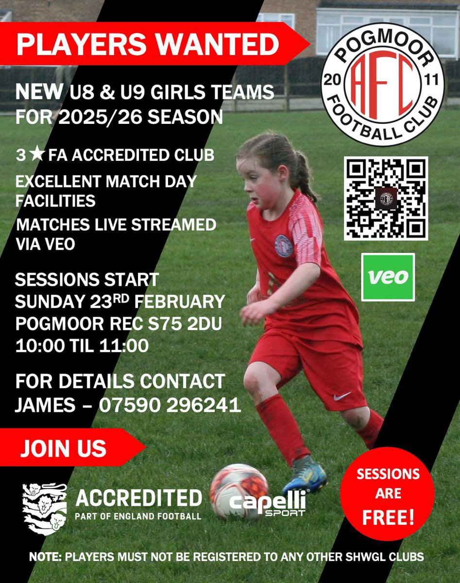 Clubs starting new U8/U9 Girls sessions for new teams for next season. If you know anyone interested then please pass on this flyer.  No experience needed and the sessions are FREE.  Players will need to be current Y2 and Y3 school year groups to qualify.