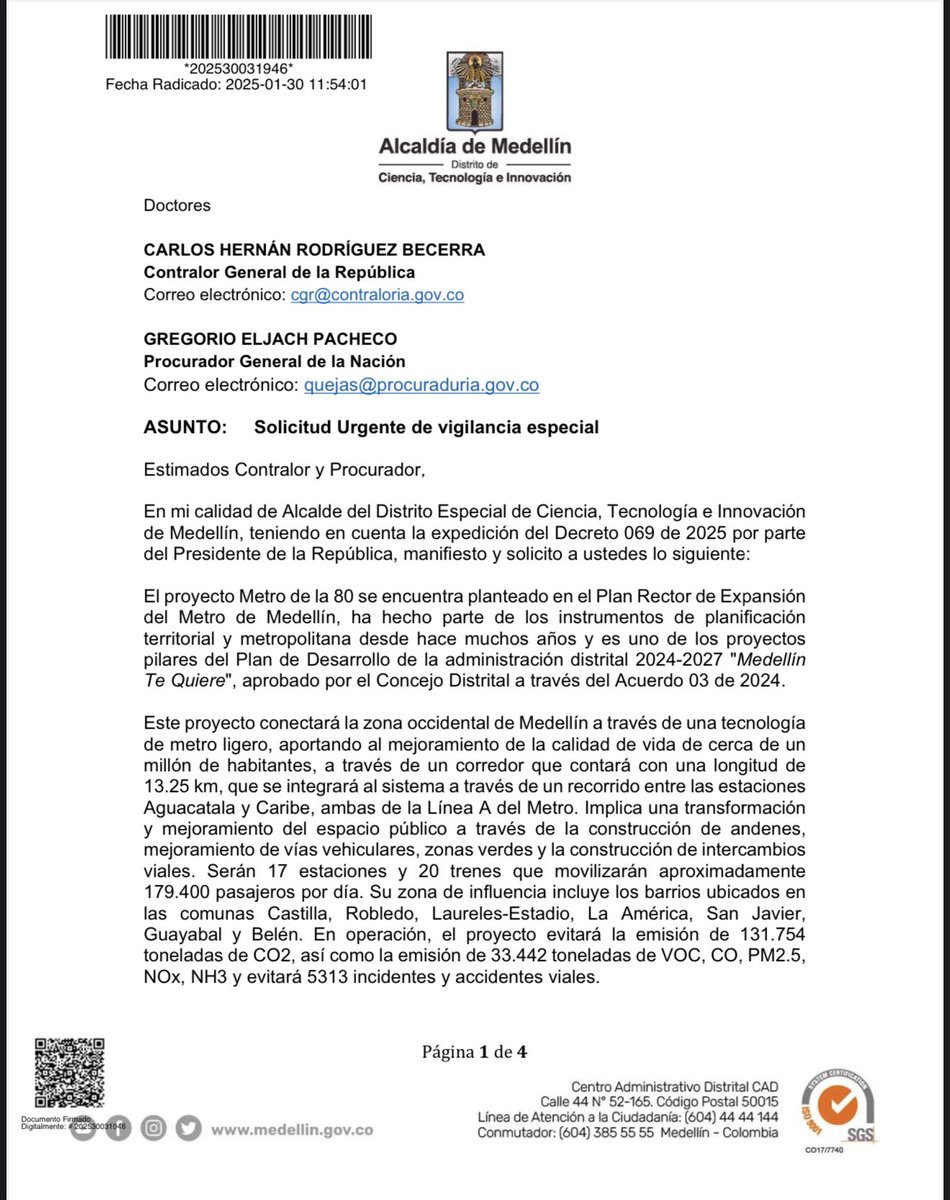 FicoGutierrez's tweet photo. He radicado ante la Contraloría General de la República y la Procuraduría General de la Nación solicitud de Vigilancia especial al proyecto Metro de la 80, por el incumplimiento del Gobierno nacional en sus obligaciones, que hoy ascienden a $980.000 millones de pesos. 
Llevamos una ejecución de obra del 29,4%. Desde el Distrito de Medellín hemos cumplido todas las obligaciones y aportado $684.000 millones, gobierno nacional $0.
Estamos preparando las acciones ante la Justicia y el Presidente debe entender que no está por encima de la Ley.