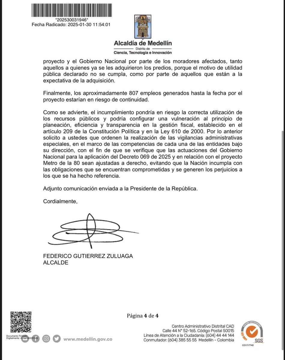 FicoGutierrez's tweet photo. He radicado ante la Contraloría General de la República y la Procuraduría General de la Nación solicitud de Vigilancia especial al proyecto Metro de la 80, por el incumplimiento del Gobierno nacional en sus obligaciones, que hoy ascienden a $980.000 millones de pesos. 
Llevamos una ejecución de obra del 29,4%. Desde el Distrito de Medellín hemos cumplido todas las obligaciones y aportado $684.000 millones, gobierno nacional $0.
Estamos preparando las acciones ante la Justicia y el Presidente debe entender que no está por encima de la Ley.