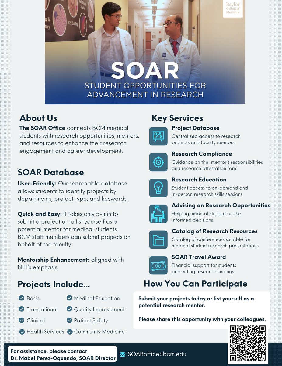 BCM_SOAR's tweet image. SOAR had a great session with @BCM_Surgery faculty, showcasing how they can mentor BCM medical students in research!
Why mentor? SOAR connects BCM med students with 430+ research projects, and those who found projects through SOAR are succeeding in research scholarships!
