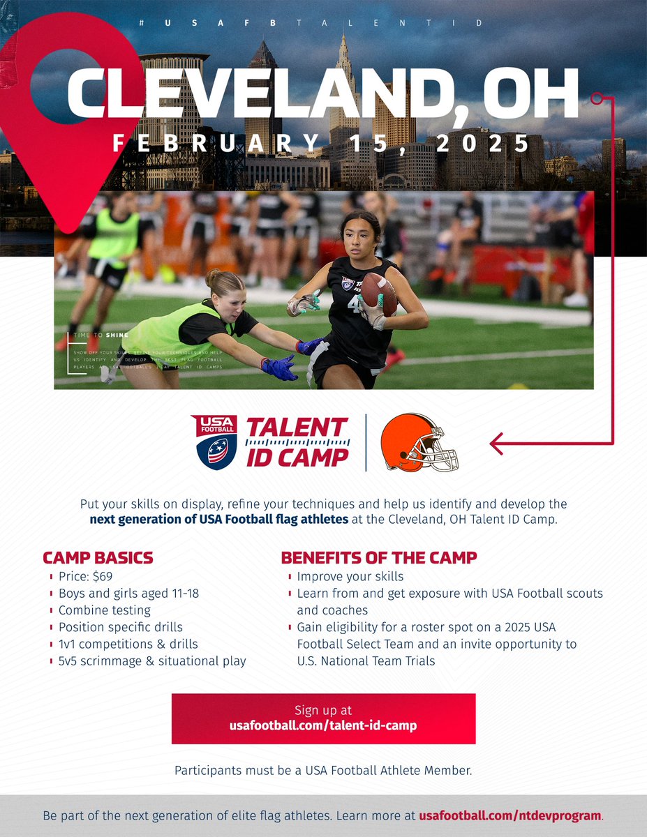 Ready to elevate your game? Join our USA Football Talent ID Camps on February 15th! 🏈

Compete in 1v1s, 5v5 scrimmages, and combine testing for a chance to be selected for the USA Football Select Team and the U.S. National Team Trials! 🌟

Register now! 💪🔥 &gt;&gt;