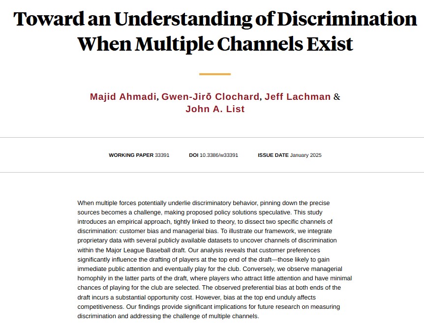 Discrimination in Major League Baseball, from Majid Ahmadi, Gwen-Jirō Clochard, Jeff Lachman, and @econ_4_everyone nber.org/papers/w33391