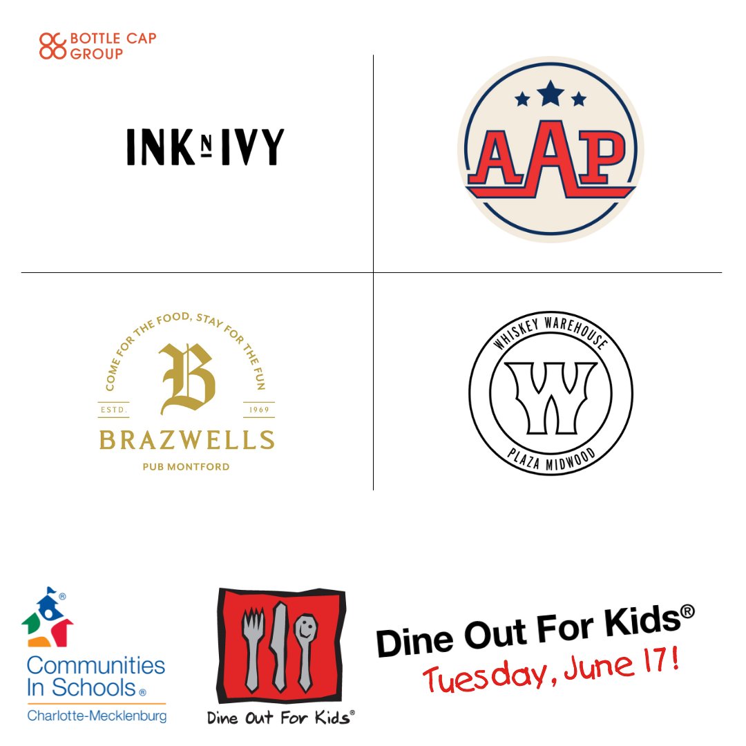 cischarlotte's tweet photo. We are super excited that the @bottlecapgroup restaurants - #AllAmericanPubNC, #inknivyclt, #BrazwellsPub, and #whiskeywarehouseclt - have signed on for #DineOutForKids2025 - woo hoo! See ya there! 💯 Tuesday, June 17 🍽️ https://t.co/vhHLryIs6L